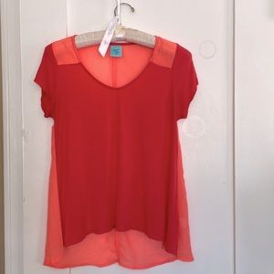 Salmon-Coral Sheer backed short sleeve H.I.P. blouse